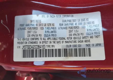 2012 Mazda Cx-9 Grand Touring из США, поврежденный, VIN JM3TB2DA2C0364163